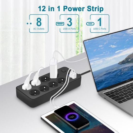 Multiprise Intelligente 8 Prises + 4 Ports USB – Puissance & Sécurité en un seul appareil !